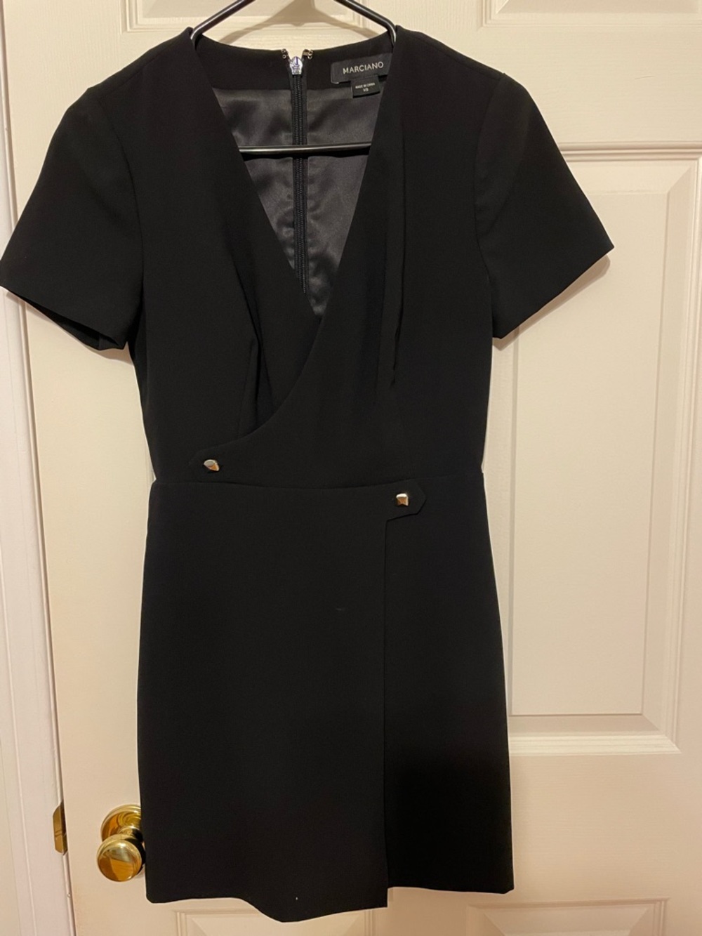 Marciano Black Short Sleeve Wrap-Style Mini Dress with Gold Buttons